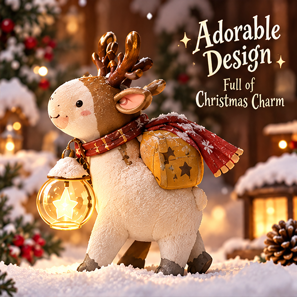 Rear view of the reindeer figurine showing textured details, a snowflake-patterned red scarf and star-patterned pack.