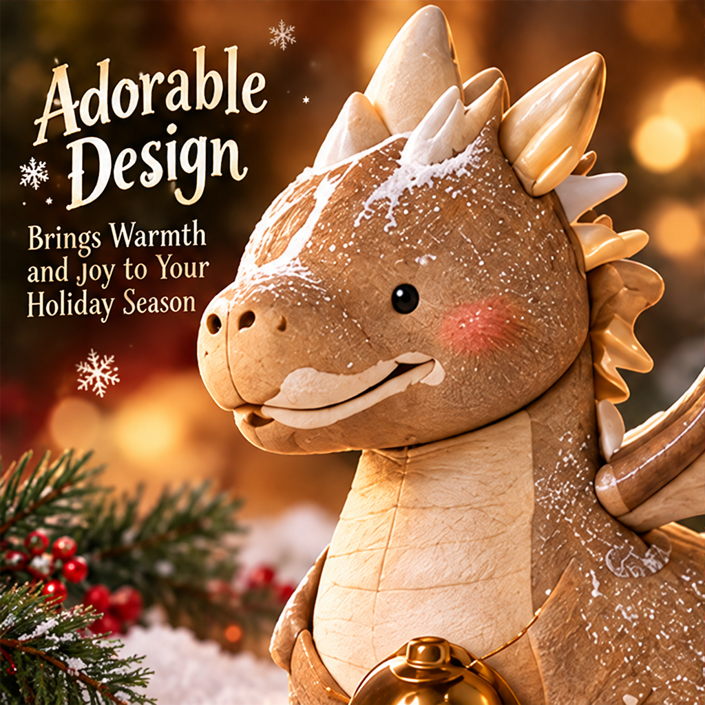 Christmas dragon figurine with gold-tone bell beside Merry Christmas greeting in a festive scene