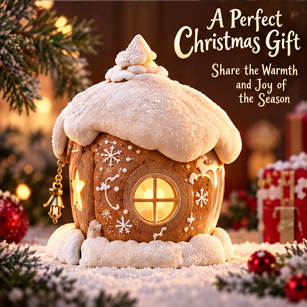 Christmas house decoration with round glowing window beside A Perfect Christmas Gift text and wrapped presents.