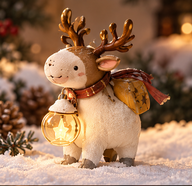 Front view of the Christmas reindeer figurine beside gifts with Merry Christmas text.