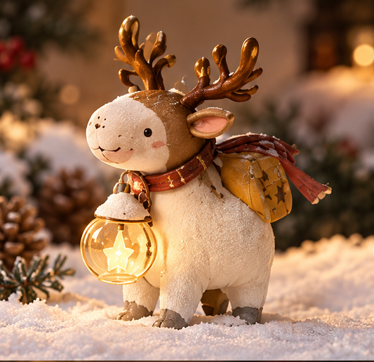 Front view of the Christmas reindeer figurine beside gifts with Merry Christmas text.