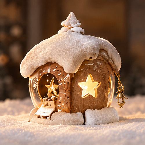Snow-covered Christmas house decoration with warm glowing star openings, a rooftop tree and a dangling golden-colored lantern detail, shown without text.