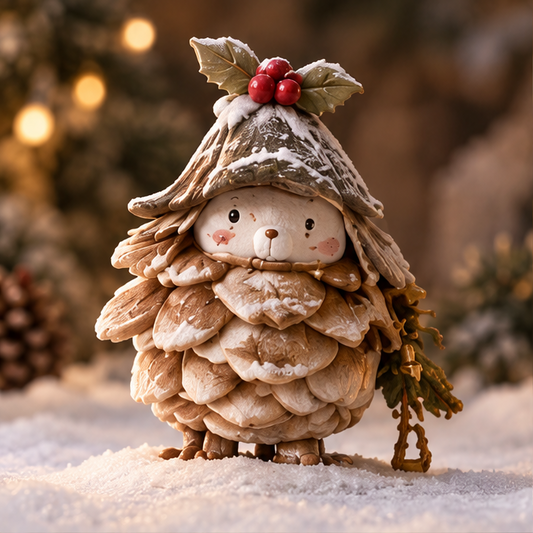 Christmas pinecone friend figurine with a rosy-cheeked face, layered brown body, snowy-looking accents and holly-topped hat, shown without text.