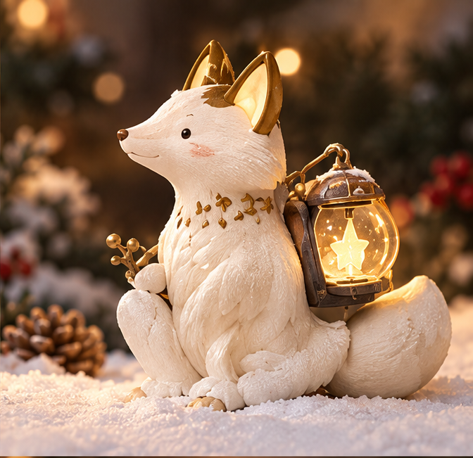 White Christmas fox figurine with golden-colored accents, a curled tail and a glowing star lantern, shown without text.