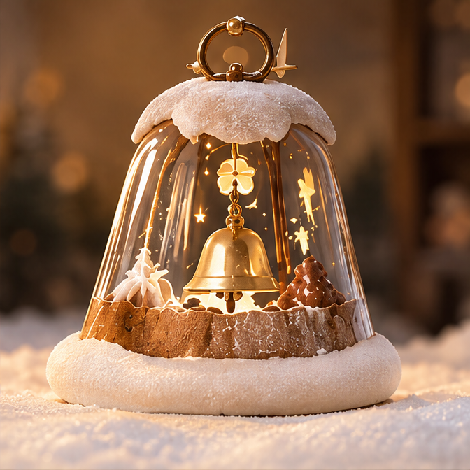 Light-up Christmas bell decoration under a clear dome with snowy-looking trim and miniature festive accents, shown without text.
