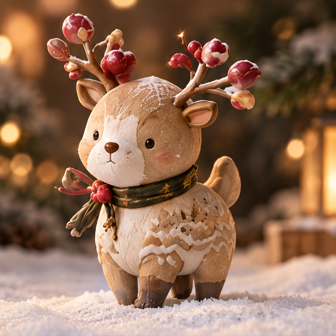 Christmas reindeer figurine with red berry-tipped antlers, a green star-patterned scarf and tan-and-white body, shown without text.