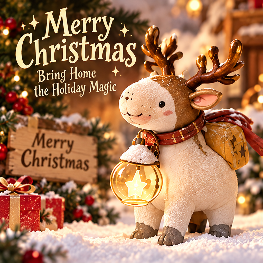 Reindeer figurine with a glowing star lantern and text describing a warm holiday glow.