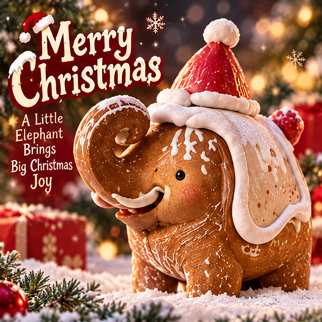 Brown Christmas elephant figurine in a festive scene with Cute Design, Warm Atmosphere text