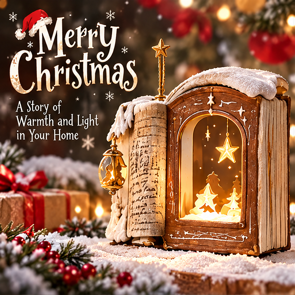 Christmas storybook decoration among festive gifts beside A Story of Warmth and Light in Your Home text.