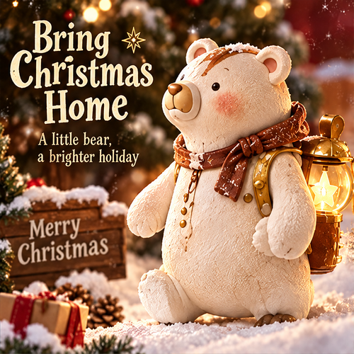 Front three-quarter view of the white bear figurine with brown scarf beside Bring Christmas Home text.