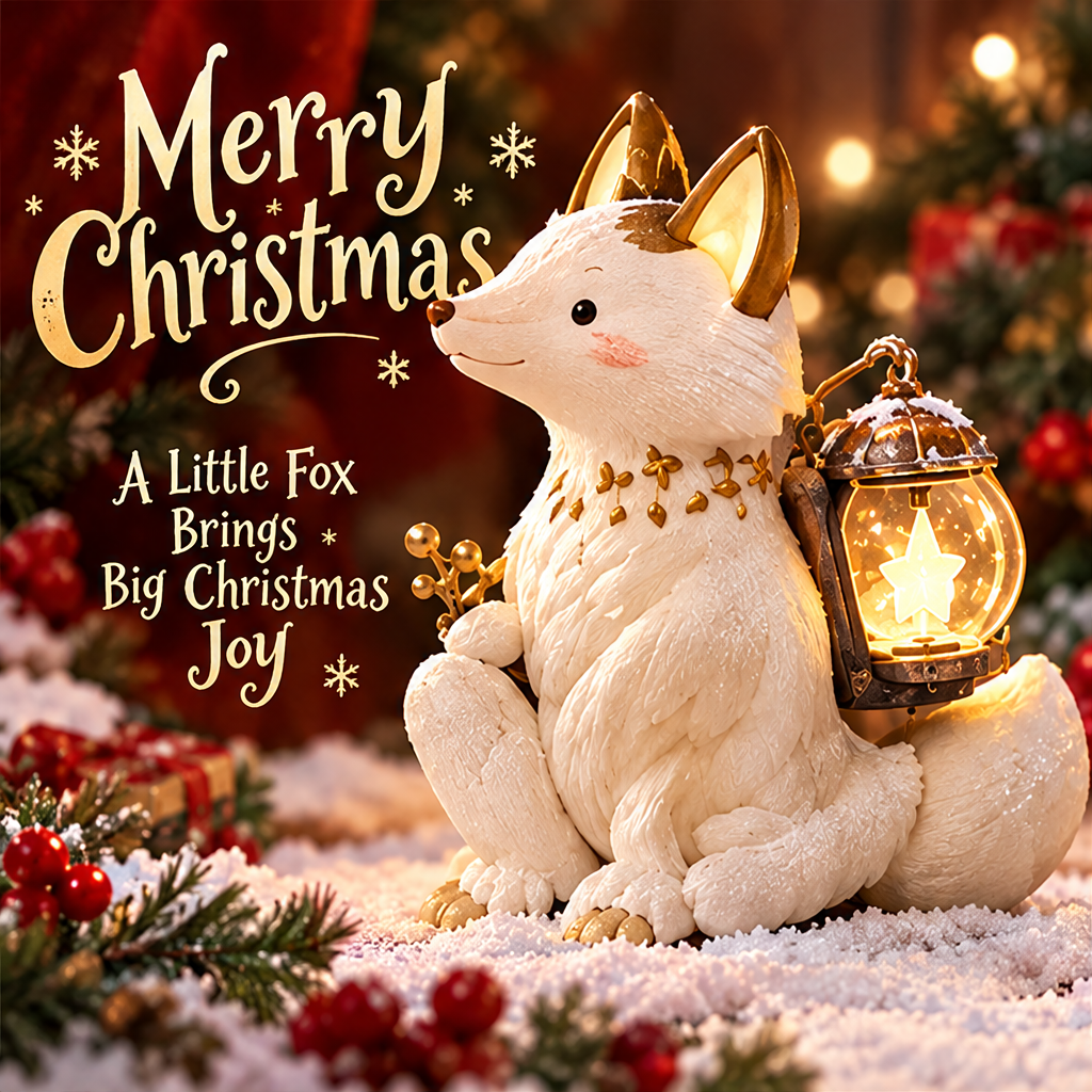 Seated white fox figurine with a star lantern beside Merry Christmas and A Little Fox Brings Big Christmas Joy text.