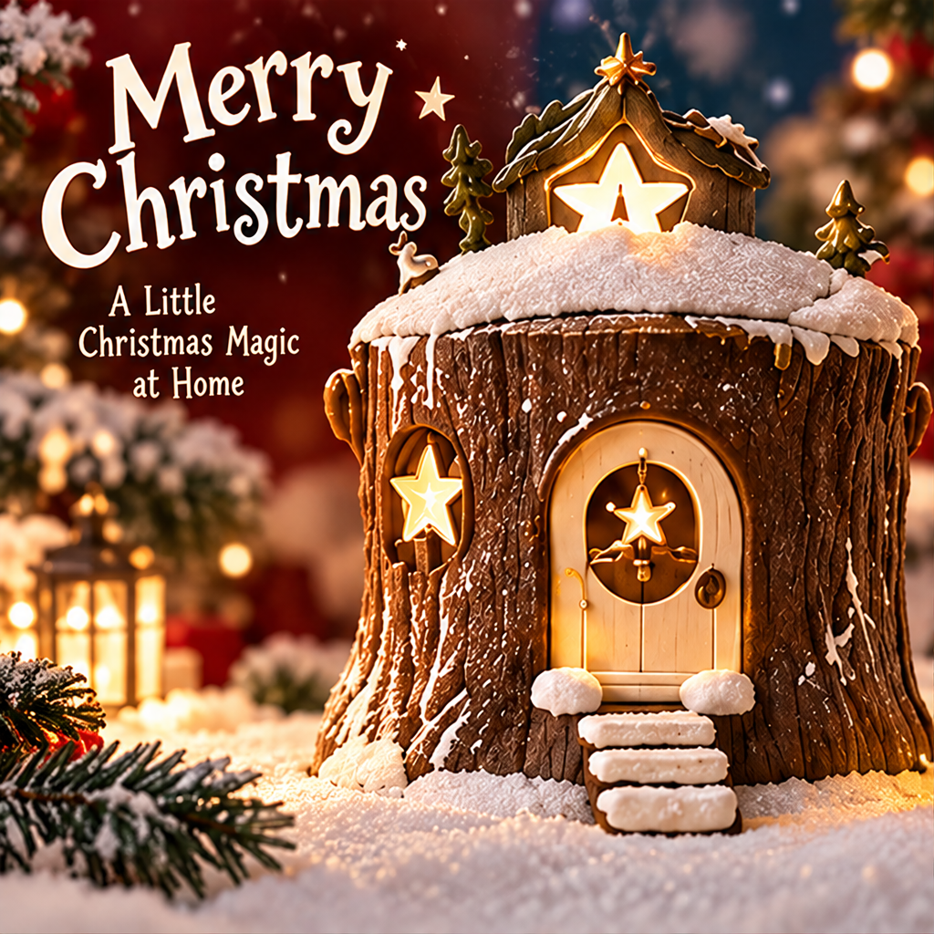 Front view of the Christmas tree stump house beside Merry Christmas and A Little Christmas Magic at Home text.