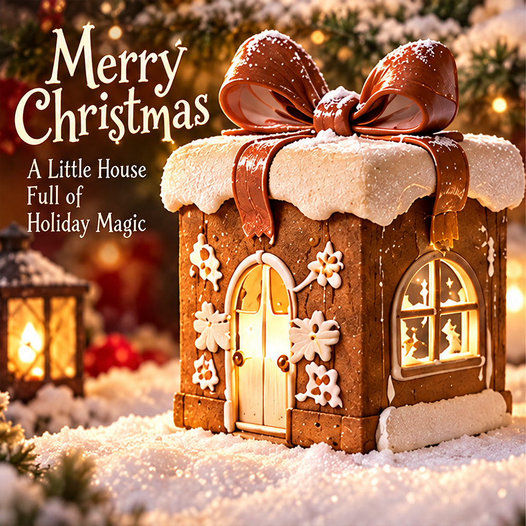 Front three-quarter view of the Christmas gift box house beside Merry Christmas text.