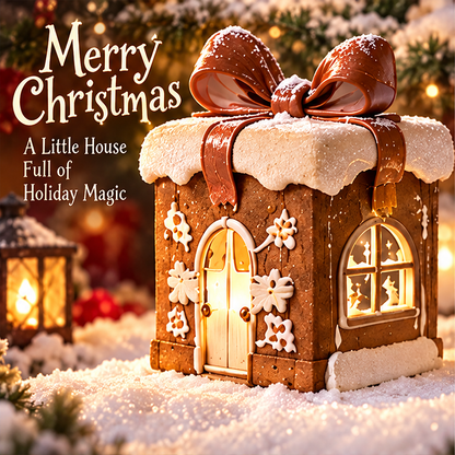 Front three-quarter view of the Christmas gift box house beside Merry Christmas text.