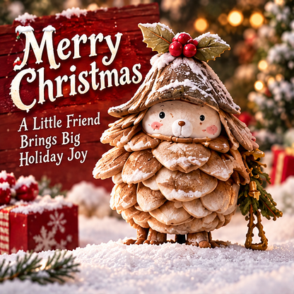 Front view of the Christmas pinecone friend beside Merry Christmas and A Little Friend Brings Big Holiday Joy text.