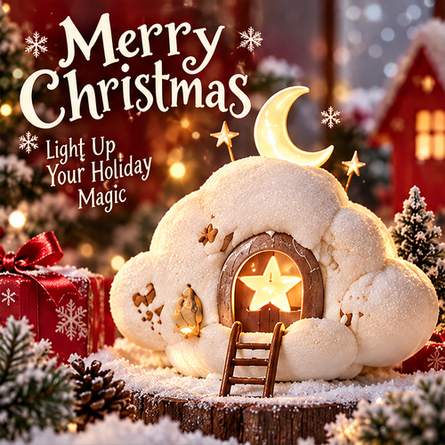 Christmas cloud house among festive gifts and miniature trees beside Light Up Your Holiday Magic text.