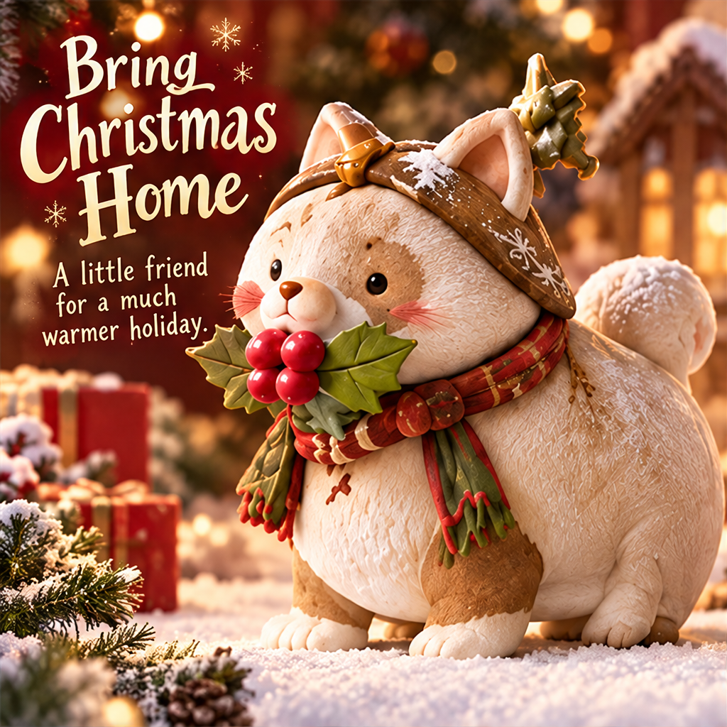 Cream and brown Christmas cat figurine with Bring Christmas Home text in a festive display