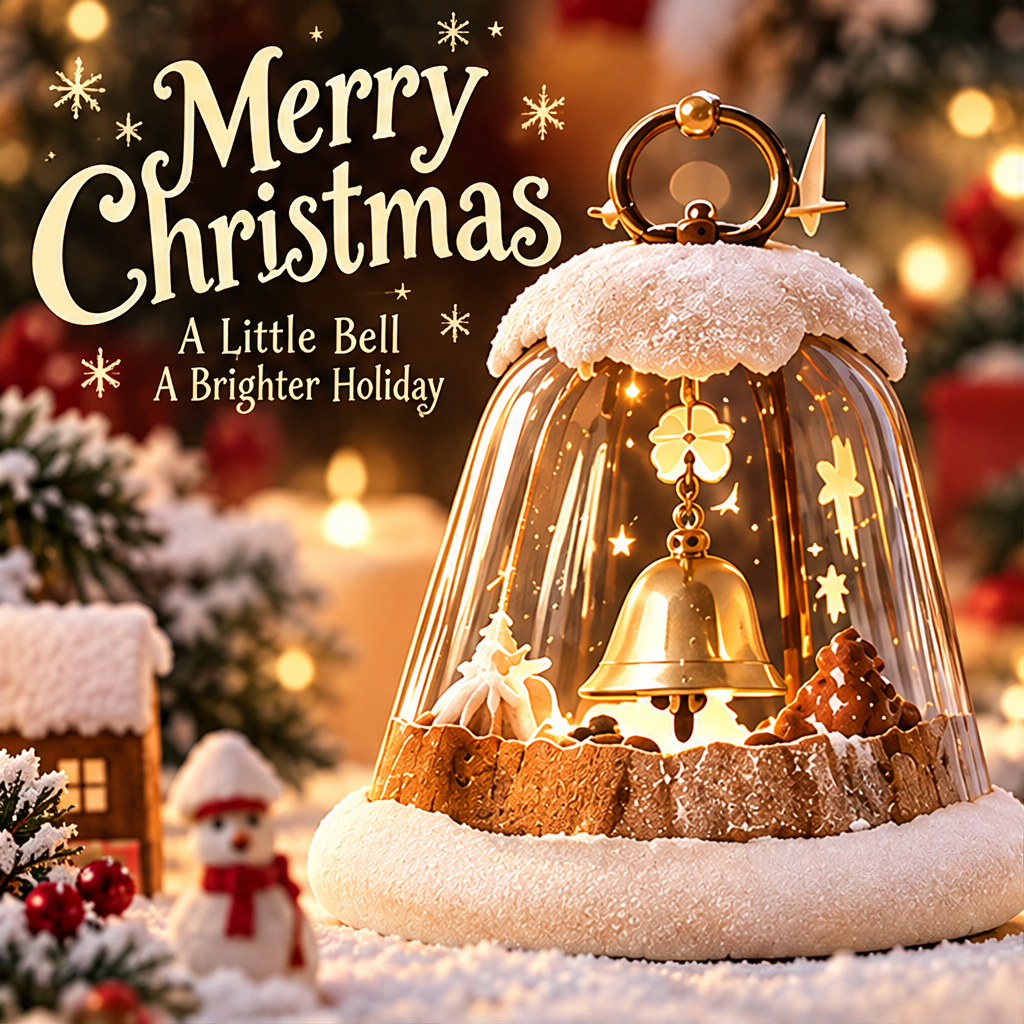 Christmas bell dome decoration with warm light beside Merry Christmas and A Little Bell A Brighter Holiday text.