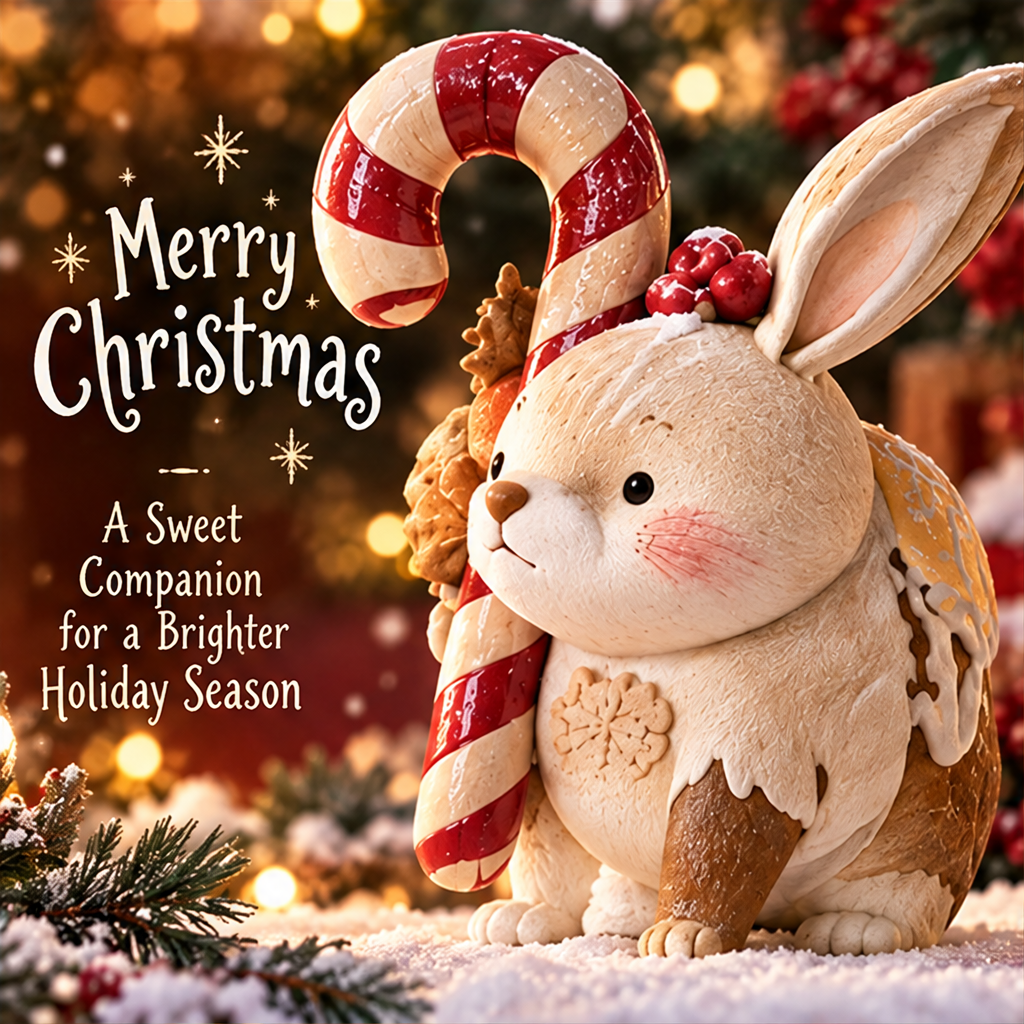 Christmas bunny shown with closed eyes and raised paw around a candy cane beside Brings Holiday Joy text