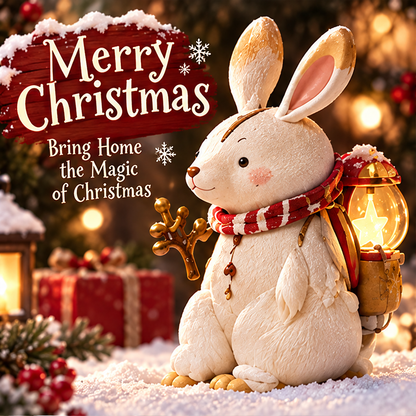 Christmas rabbit figurine with a red-and-white scarf and star lantern beside Merry Christmas text.