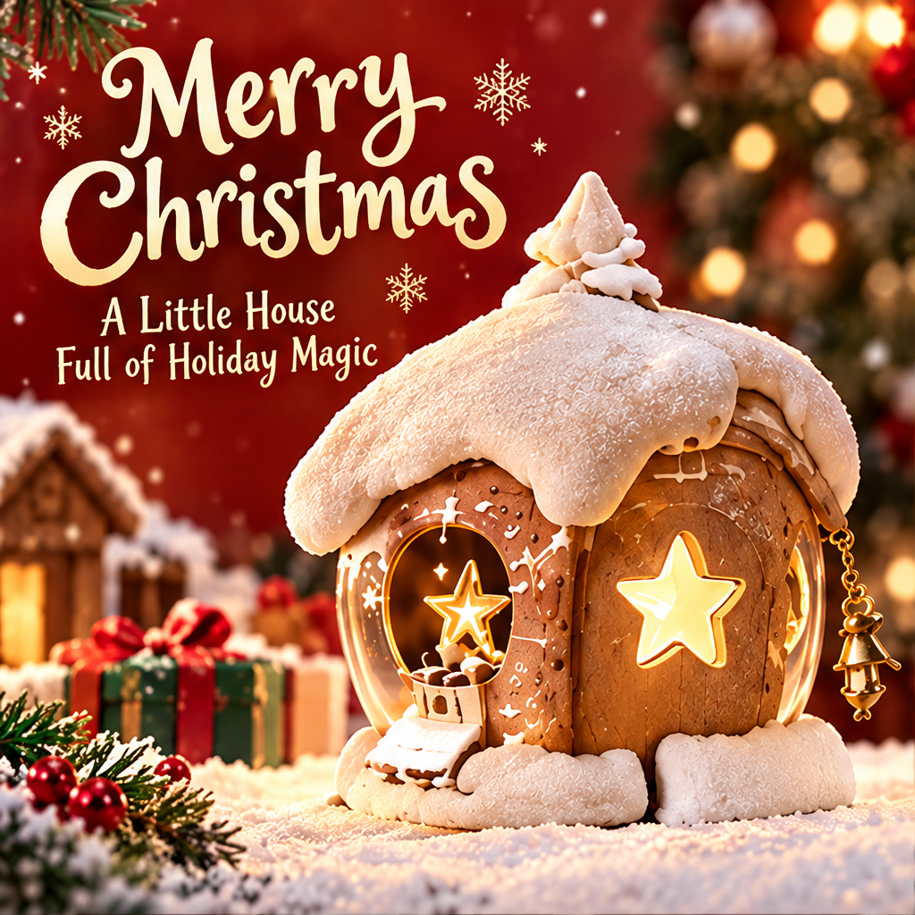 Christmas house with snowy-looking roof and glowing star opening beside Merry Christmas text.