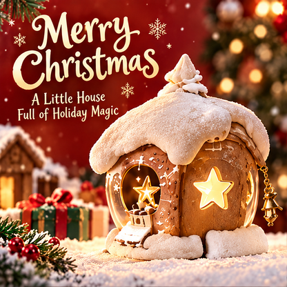 Christmas house with snowy-looking roof and glowing star opening beside Merry Christmas text.