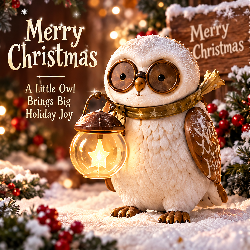 Front view of the Christmas owl with round glasses and star lantern beside Merry Christmas text.