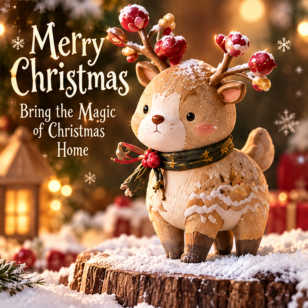 Front three-quarter view of the Christmas reindeer beside Merry Christmas and Bring the Magic of Christmas Home text.
