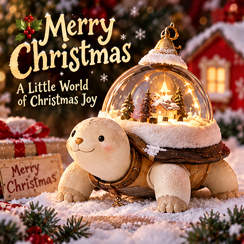 Smiling Christmas turtle with a miniature winter village dome beside Merry Christmas text.