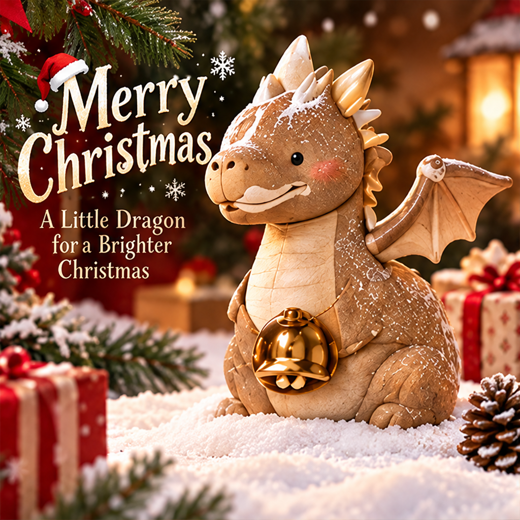 Close-up of Christmas dragon figurine showing smiling face, rosy cheek, horns and textured brown surface