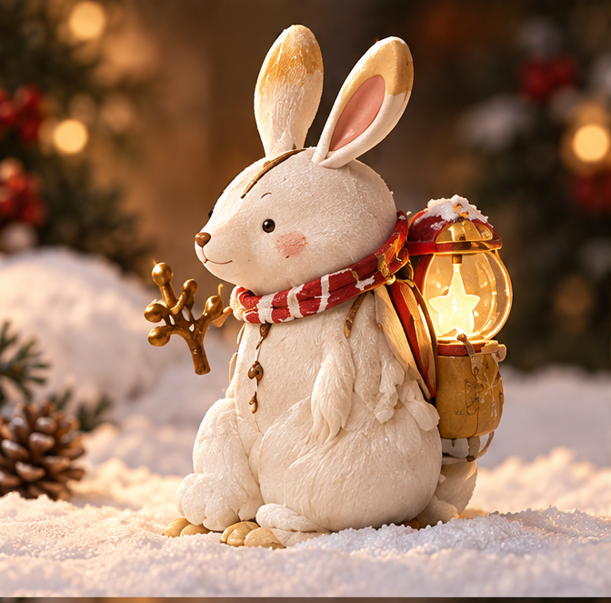 White Christmas rabbit figurine with upright ears, red striped scarf and glowing star lantern, shown without text.