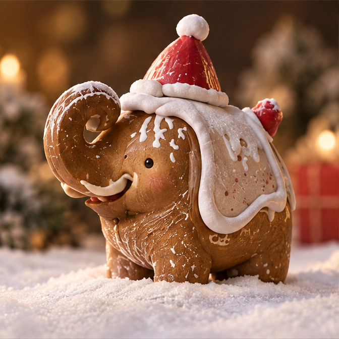 Christmas elephant figurine with curled trunk, red Santa hat and white icing-look accents, front three-quarter view