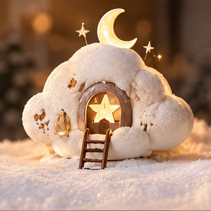 White Christmas cloud house with a glowing crescent moon, star-shaped doorway and miniature brown ladder, shown without text.
