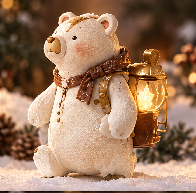 White Christmas bear figurine with a brown scarf and glowing star lantern backpack, shown without text.