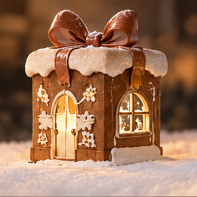Gift box-shaped Christmas house with a large reddish-brown bow, snowy-looking roof trim and glowing arched windows, shown without text.