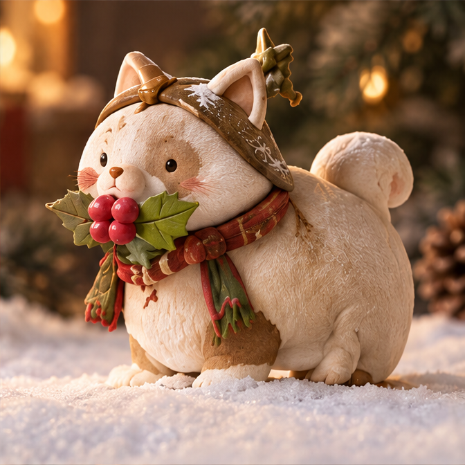 Christmas cat figurine with holly berries, red-and-green scarf and curled tail, front three-quarter view