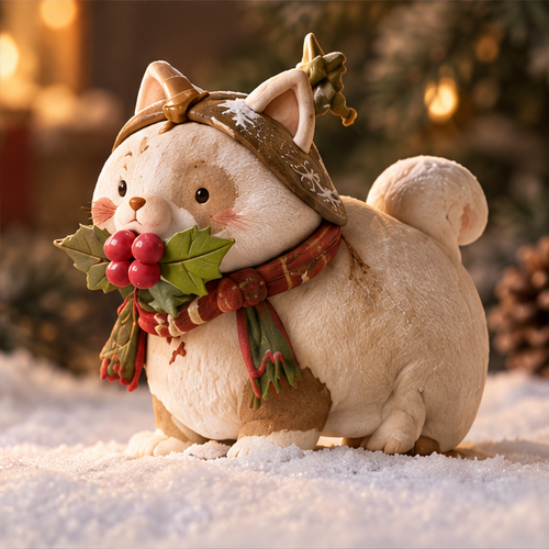 Christmas cat figurine with holly berries, red-and-green scarf and curled tail, front three-quarter view