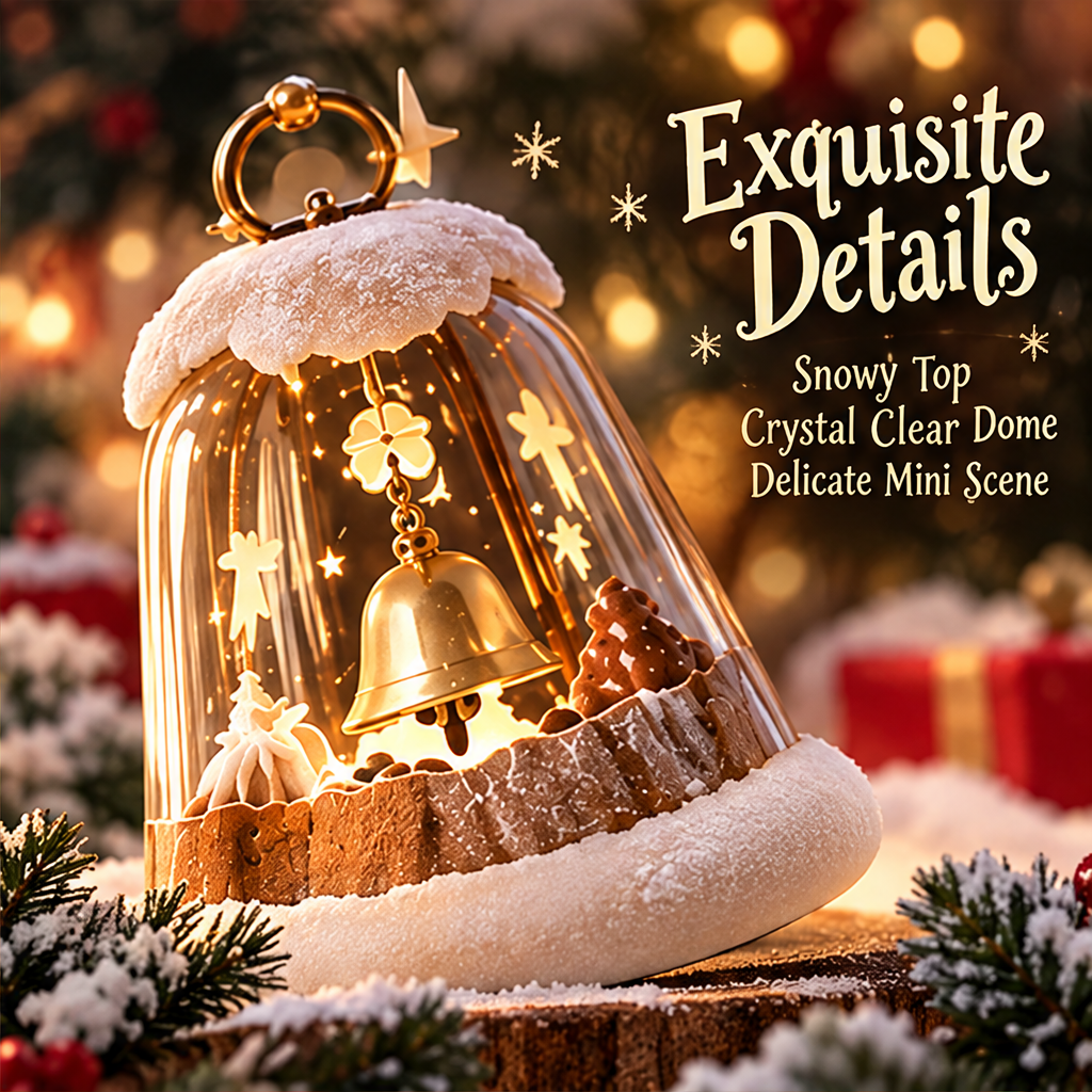 Angled view of the Christmas bell dome showing its snowy-looking top, decorative ring and textured base trim.