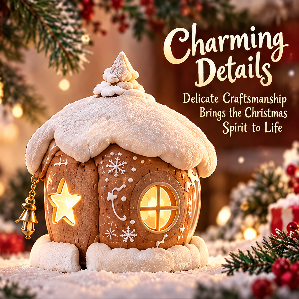 Side view of the Christmas house showing a round illuminated window, white snowflake patterns and textured snowy-looking roof.