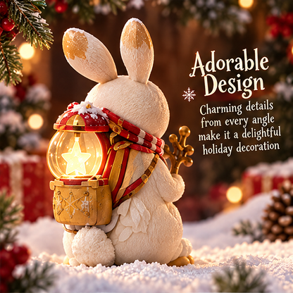 Rear view of the Christmas rabbit figurine showing upright ears, striped scarf, lantern pack and rounded tail.