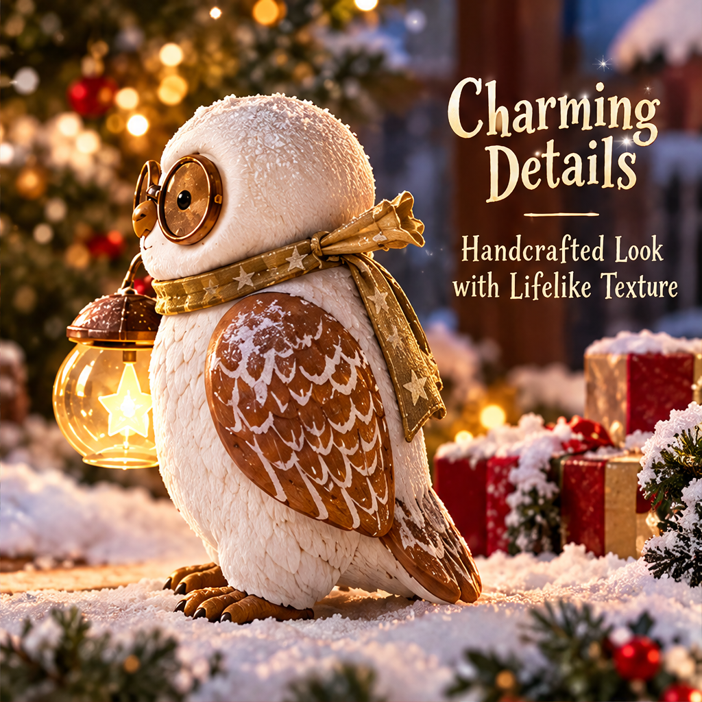 Side view of the Christmas owl figurine showing patterned brown wings, feather texture and star-patterned scarf.