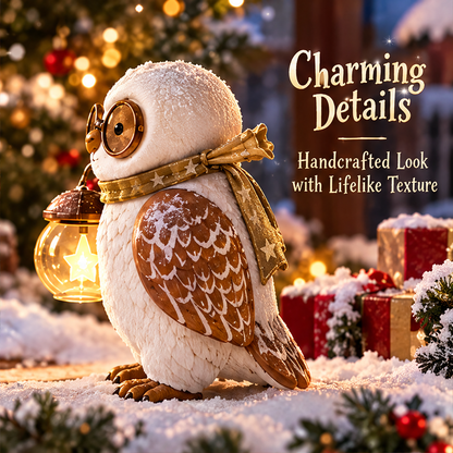 Side view of the Christmas owl figurine showing patterned brown wings, feather texture and star-patterned scarf.