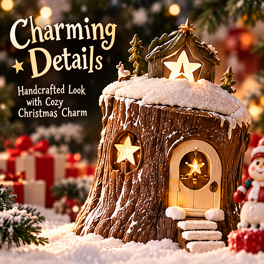 Close view of bark-like texture, arched doorway and snowy-looking steps beside Charming Details and Handcrafted Look text.