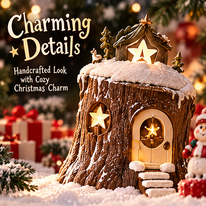 Close view of bark-like texture, arched doorway and snowy-looking steps beside Charming Details and Handcrafted Look text.