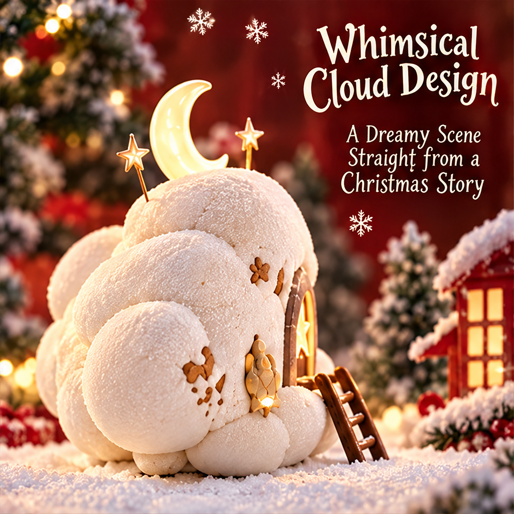 Side view of the cloud house showing its rounded textured white forms, miniature lantern detail and ladder.