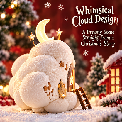 Side view of the cloud house showing its rounded textured white forms, miniature lantern detail and ladder.