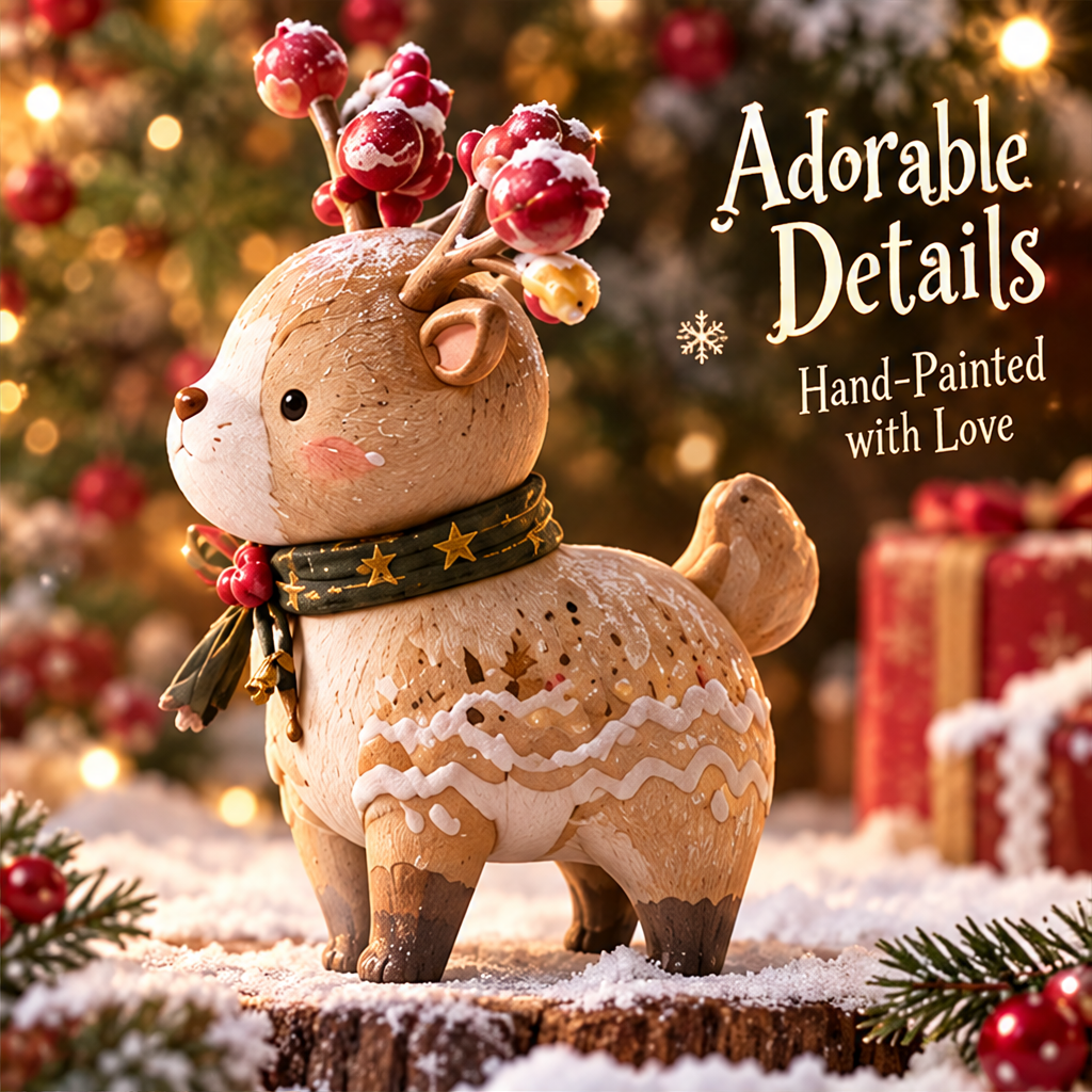 Side view of the reindeer showing rosy cheeks, berry antlers and decorative white markings beside Hand-Painted with Love text.