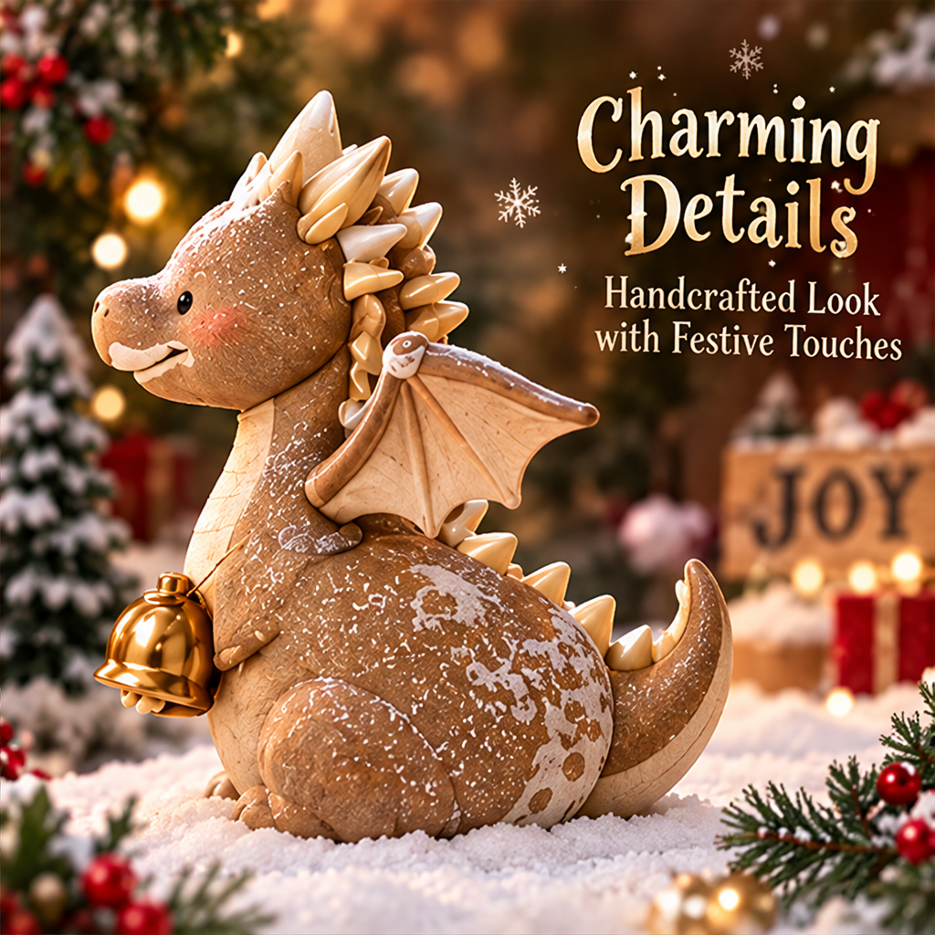 Side view of Christmas dragon figurine showing wing, curved tail, cream spines and gold-tone bell