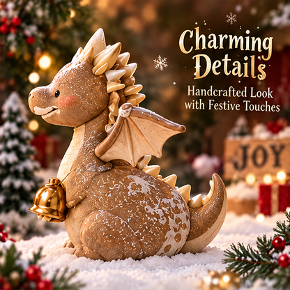 Side view of Christmas dragon figurine showing wing, curved tail, cream spines and gold-tone bell