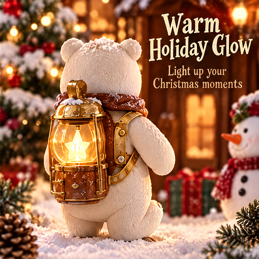 Rear view of the Christmas bear showing the glowing star lantern and golden-colored decorative backpack straps.